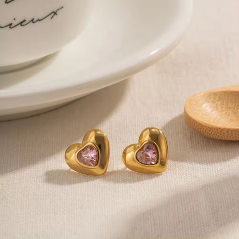 Heart Shape Pink Cubic Zirconia Inlaid Stud