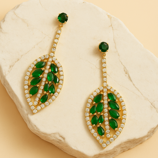 Green Beaded Leaf Drop Earrings
