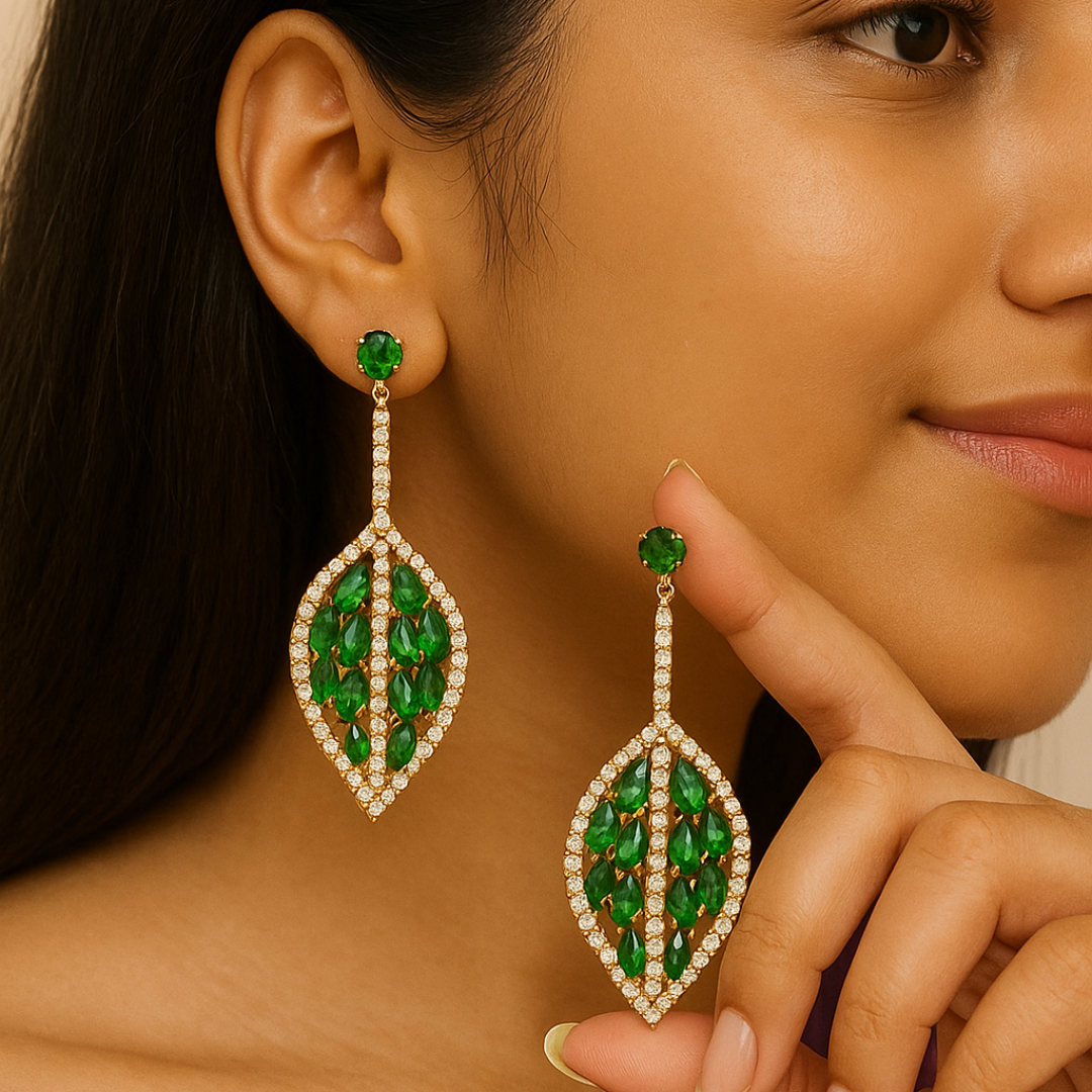 Green Beaded Leaf Drop Earrings
