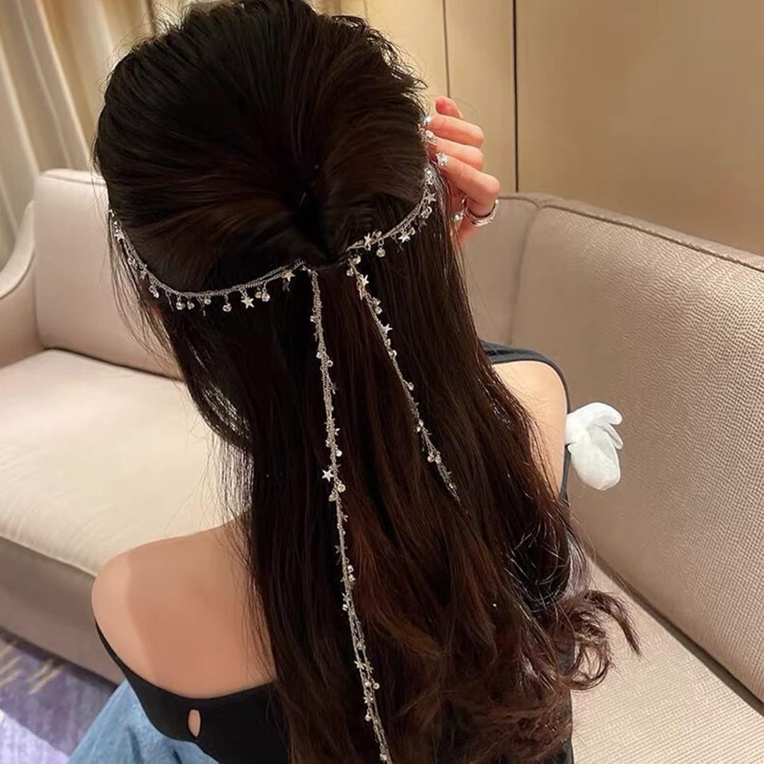 Hair Chain for Braids, Silver Moon Star Hair Jewelry (2Pcs)
