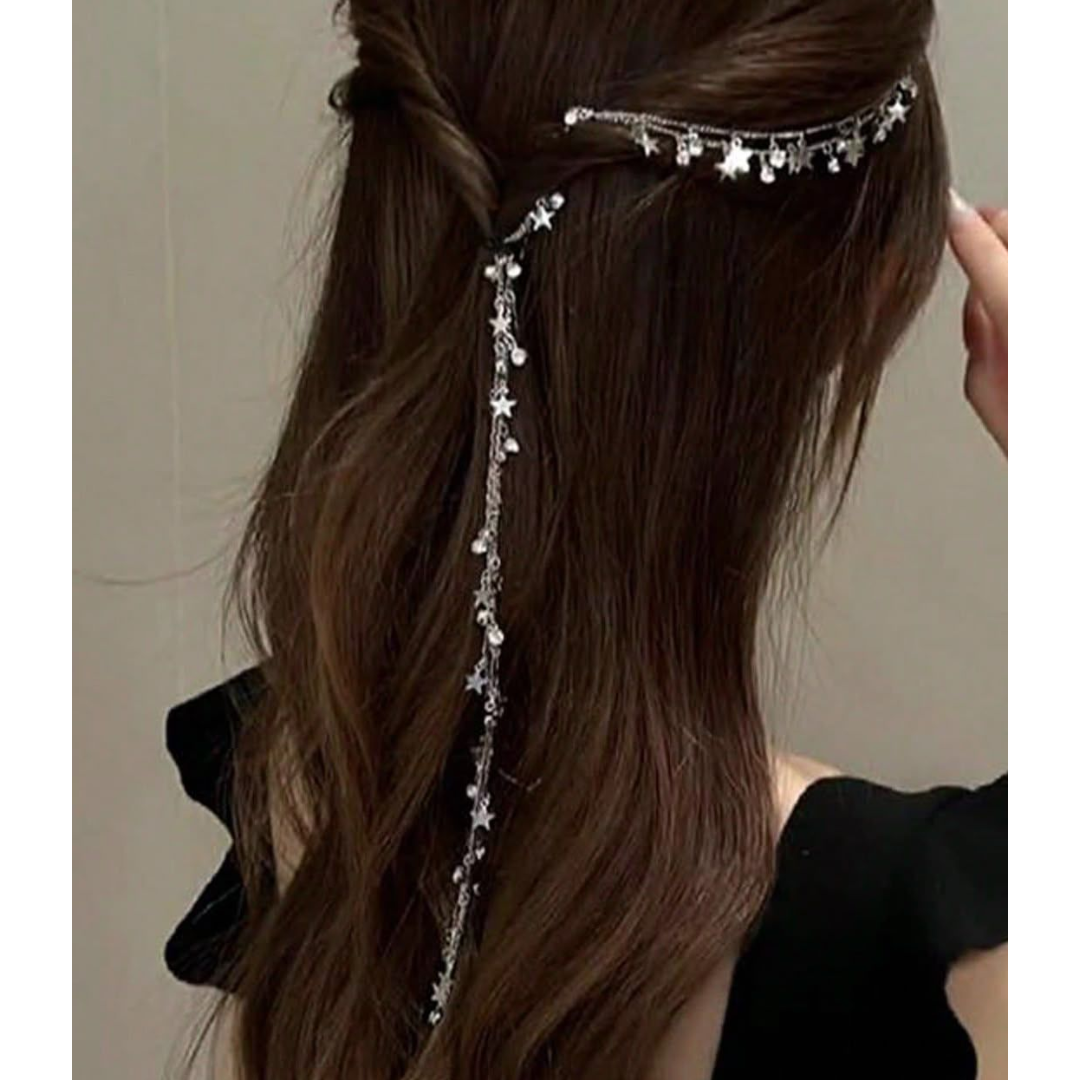 Hair Chain for Braids, Silver Moon Star Hair Jewelry (2Pcs)