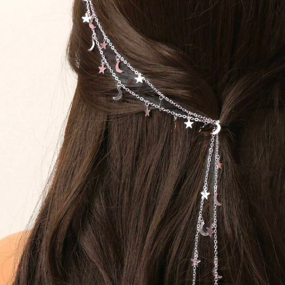 Hair Chain for Braids, Silver Moon Star Hair Jewelry (2Pcs)