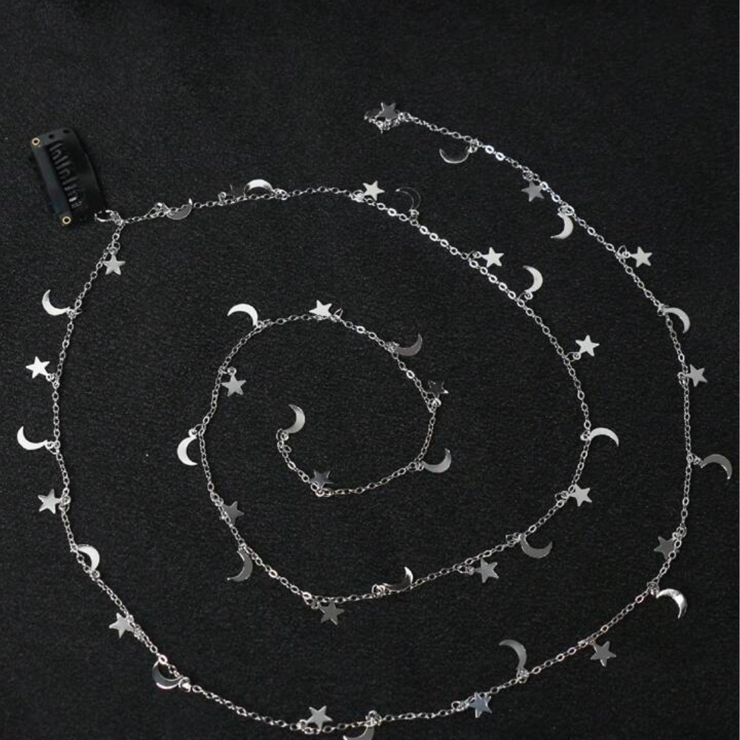 Hair Chain for Braids, Silver Moon Star Hair Jewelry (2Pcs)